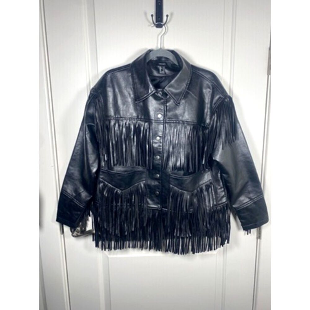 Forever 21 Black Faux Leather Fringe Jacket – Western Boho Moto Style – Size S